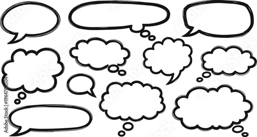 Collection of various comic book style speech bubbles and thought clouds