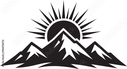 A black and white vector illustration of a mountain range with a radiant sun rising behind peaks. Vector, illustration