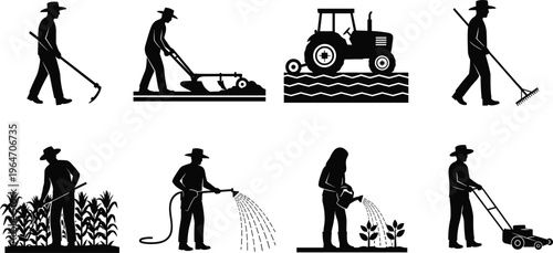 Silhouettes of farmers performing agricultural activities with tools, tractor, irrigation and planting in rural farming scene, agriculture industry concept isolated on white background