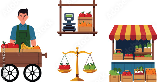 Fruit vendor market set grocery stall fresh produce scale shop vector illustration colorful retail design