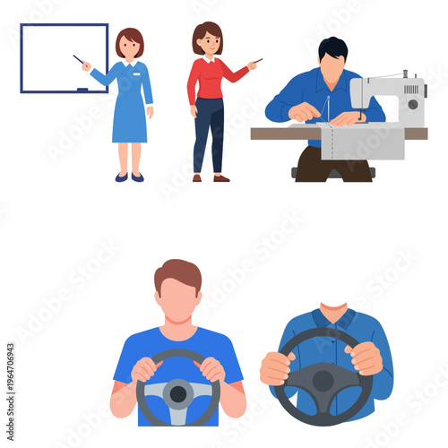 Diverse Professions A Collection of Icons Featuring Teachers, Tailors, and Drivers