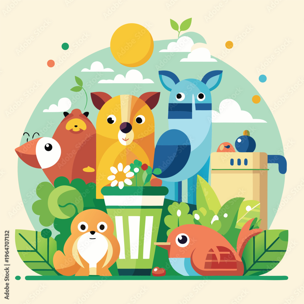 Naklejka premium Cartoon animals and plants with trash can outdoors in nature