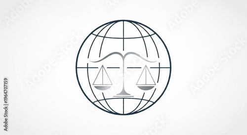 Law and justice symbol with scales on a globe background representing fairness and equality in a simple line art style