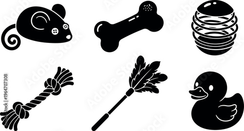 Black and white pet toy icons mouse bone ball rope feather duster rubber duck
