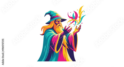 Colorful illustration of a wizard casting a magical spell