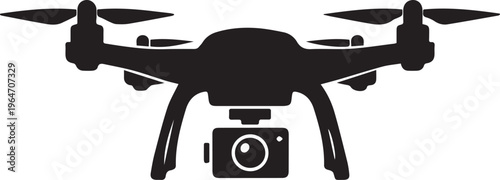 A black silhouette icon design of a modern quadcopter drone equipped with a high quality camera Vector, illustration