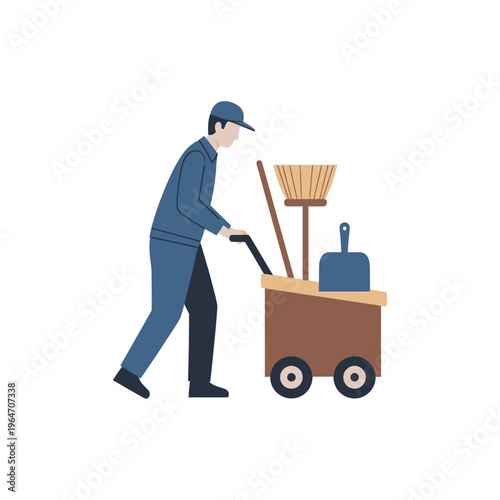 Janitor Pushing A Cleaning Cart With Broom And Dustpan