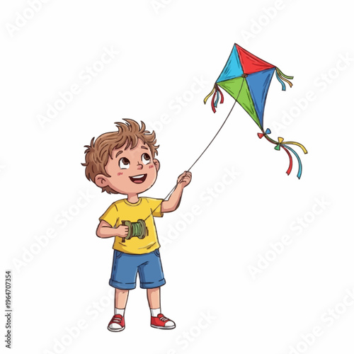 Cute Boy Flying Kite Illustration for Kids Activity and Printable Design