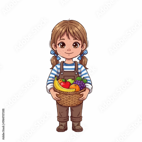 Cute Girl Holding Fruit Basket Illustration for Kids Education and Printable Design