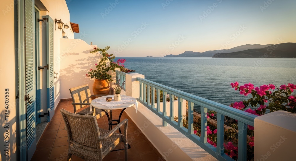 Obraz premium Serene Mediterranean seaside balcony with ocean view at sunset