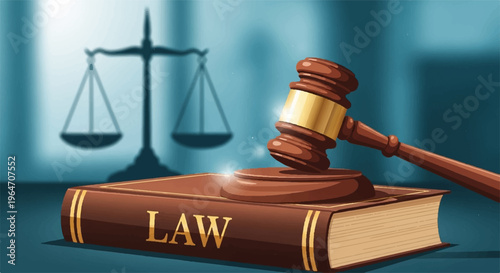 Law book with gavel and scales of justice on a desk in a courtroom symbolizing legal judgment and authority