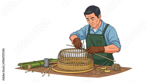 Crafting a Basket: A skilled craftsman meticulously weaves a basket with precision and patience, demonstrating traditional artistry and craftsmanship.