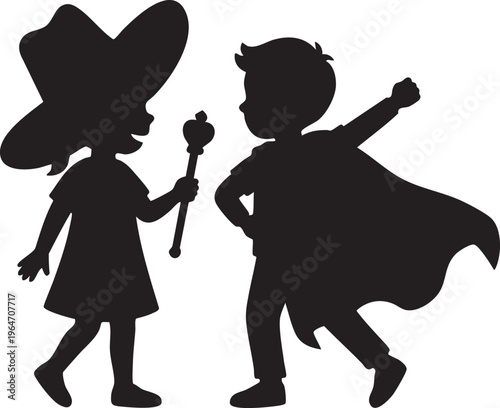 Silhouetted children playing dress-up, portraying a magic user and a heroic figure, embodying childhood fantasy