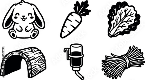 Black and white line art bunny carrot leaf water bottle shelter bundle