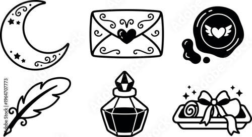 Black and white magic letter envelope with moon feather ink bottle and wax seal vector art