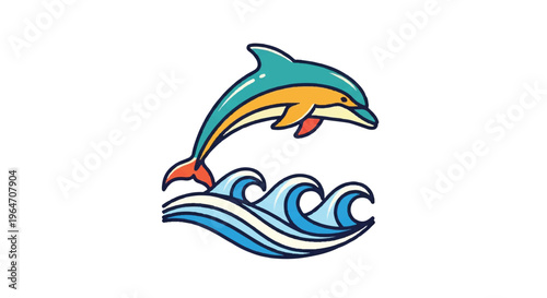 Cartoon dolphin jumping over waves graphic vector illustration