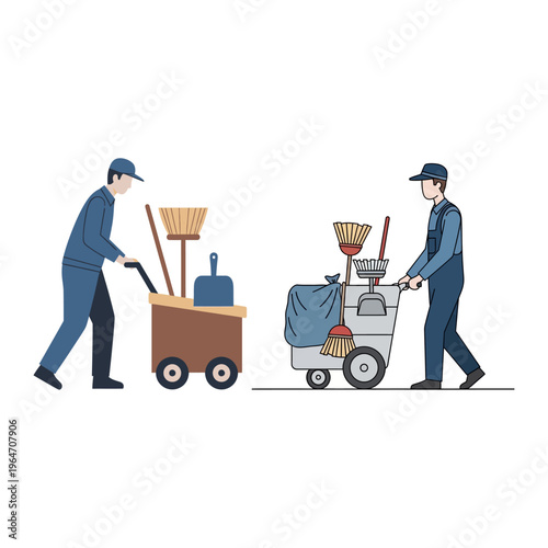 Janitorial cart and cleaning equipment with brooms and dustpans