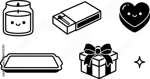 Black and white cute candle heart gift box matchbox icon set