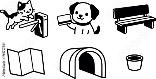 Cat running and dog holding card with park bench and pet accessories