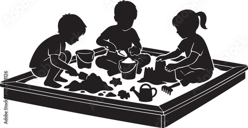 Silhouetted children enjoying timeless outdoor play in a sandbox, fostering creativity and childhood joy