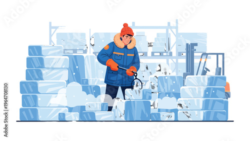 Ice Block Factory: A worker skillfully chisels at ice block in an ice factory, surrounded by towering stacks of frozen blocks. The scene showcases an industrial process.