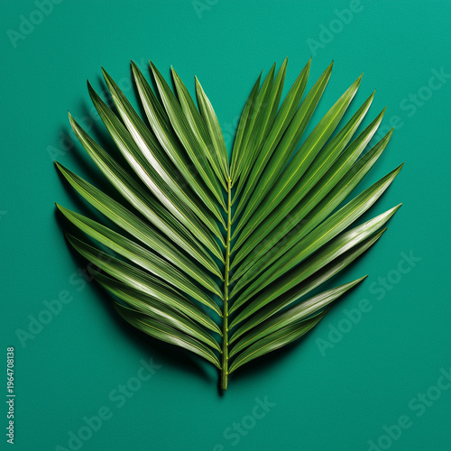 Heart shaped palm leaf on green background