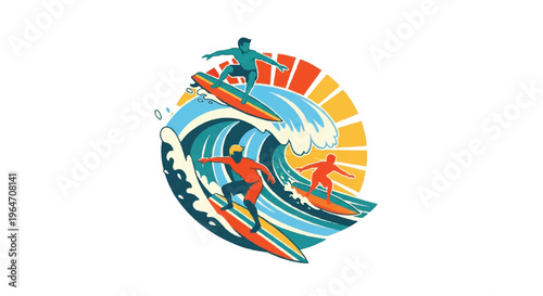 Surfers riding waves under a vibrant sun illustration on white background