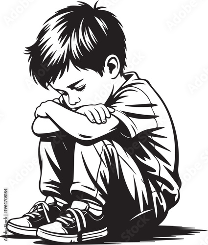 Sad little boy crouching down with arms hugged around knees feeling lonely and isolated