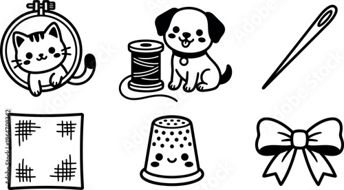 Cute cat in embroidery hoop and puppy with thread spool line art