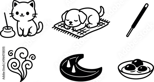 Cute cat with incense dog sleeping on rug smoke moon with spikes and plate with balls vector art