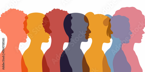 A diverse group of silhouetted faces in varying colors stand together
