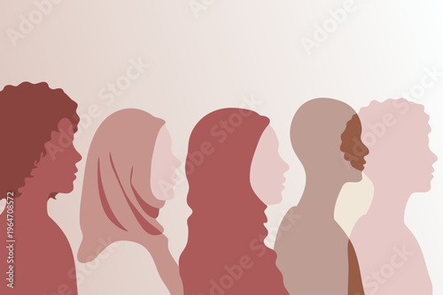 Diverse group of people depicted in profile with muted color palettes