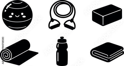 Black and white fitness icons with exercise ball resistance band and yoga mat