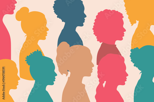 Diverse silhouettes of women s profiles in warm and cool tones