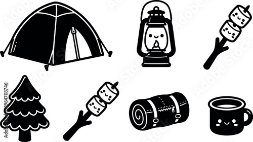 Black and white camping tent lantern marshmallow tree cup vector art