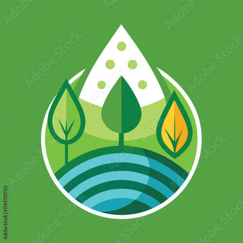 Eco friendly logo with tree leaves and water droplets  green
