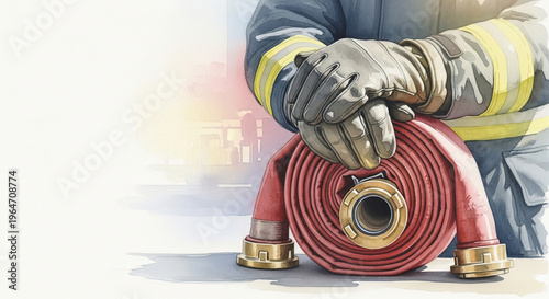 Firefighter in uniform with a serious demeanor holding a fire hose against a light background with copy space for an International Firefighters' Day message.