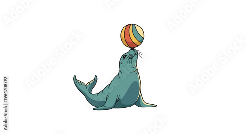 Cartoon seal balancing ball isolated on white