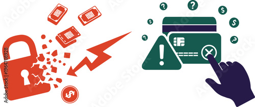 Cyber security breach and credit card fraud concept, broken padlock with stolen money, financial data theft and payment error icons