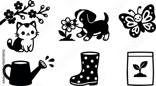 Cute kitten with flower branch and puppy smelling flower black and white vector art