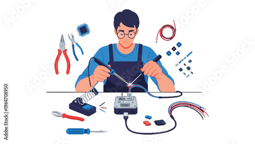 Precision Engineering: An engineer focuses intently on soldering electronics components, surrounded by a collection of tools and intricate wiring.