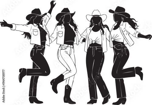 Group of country western cowgirls dancing in hats and denim fashion.