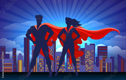 Superhero couple silhouettes