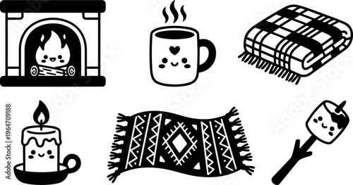 Cozy fireplace hot drink candle blanket and marshmallow vector art