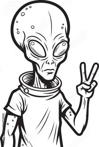 Cartoon alien silhouette giving peace sign with classic space suit.