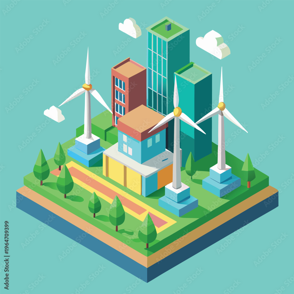 Naklejka premium Isometric illustration of city with wind turbines and buildings sustainable urban environment