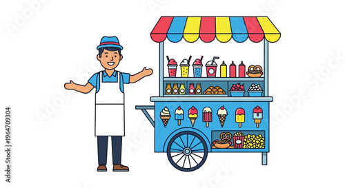 A cheerful vendor stands proudly beside a colorful ice cream cart filled with treats a striking silhouette high quality professional detailed