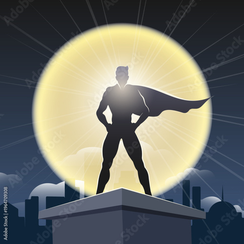 Superhero with moon and night city