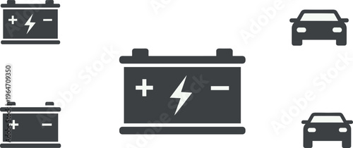 This graphic showcases several black battery icons and simple car silhouettes against a stark white background representing automotive power high quality professional detailed