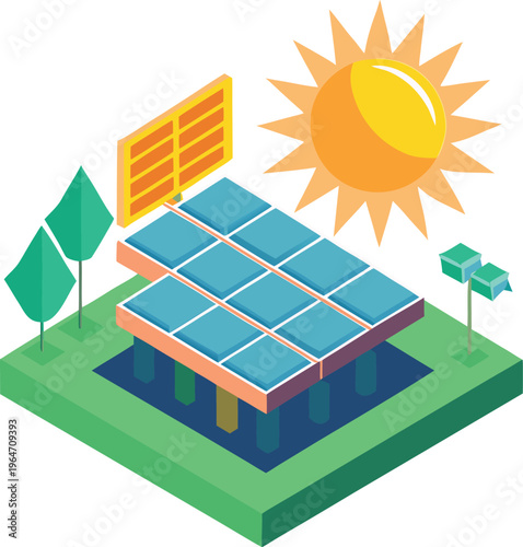 Isometric solar panel array on water with sun and trees around